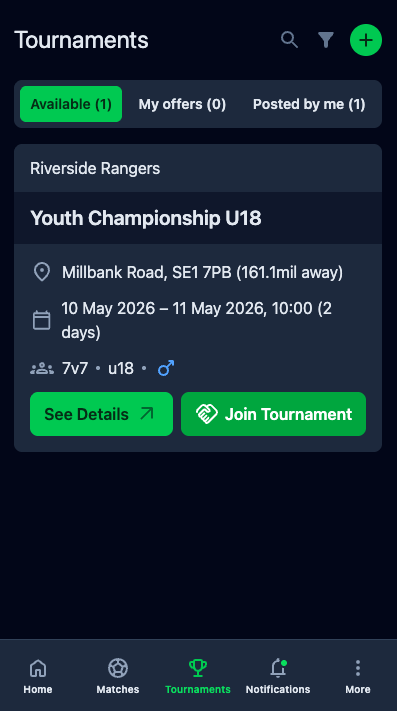 Tournaments screen
